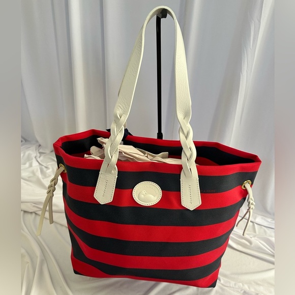 VINTAGE Dooney & Bourke Nylon Shopper Tote | Red & Black Stripe Rare Find - Picture 2 of 10